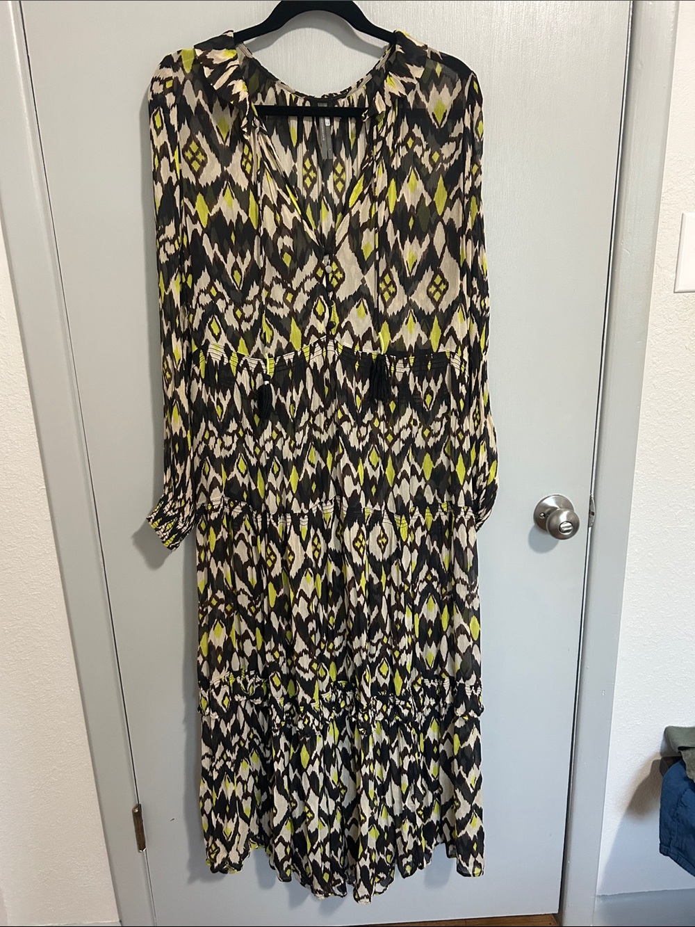 Anthropologie Sheer Tiered Ikat Maxi Dress Size L